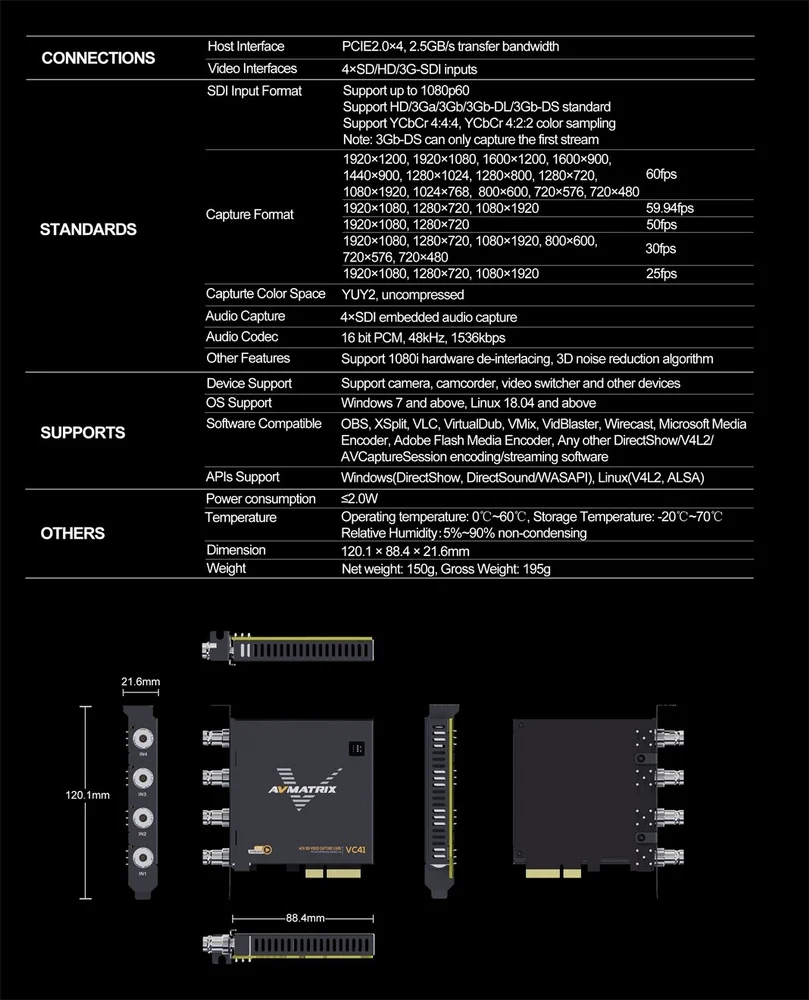 AVMATRIX VC41 1080p 3G-SDI PCIe 4-Channel Capture Card - Image 7